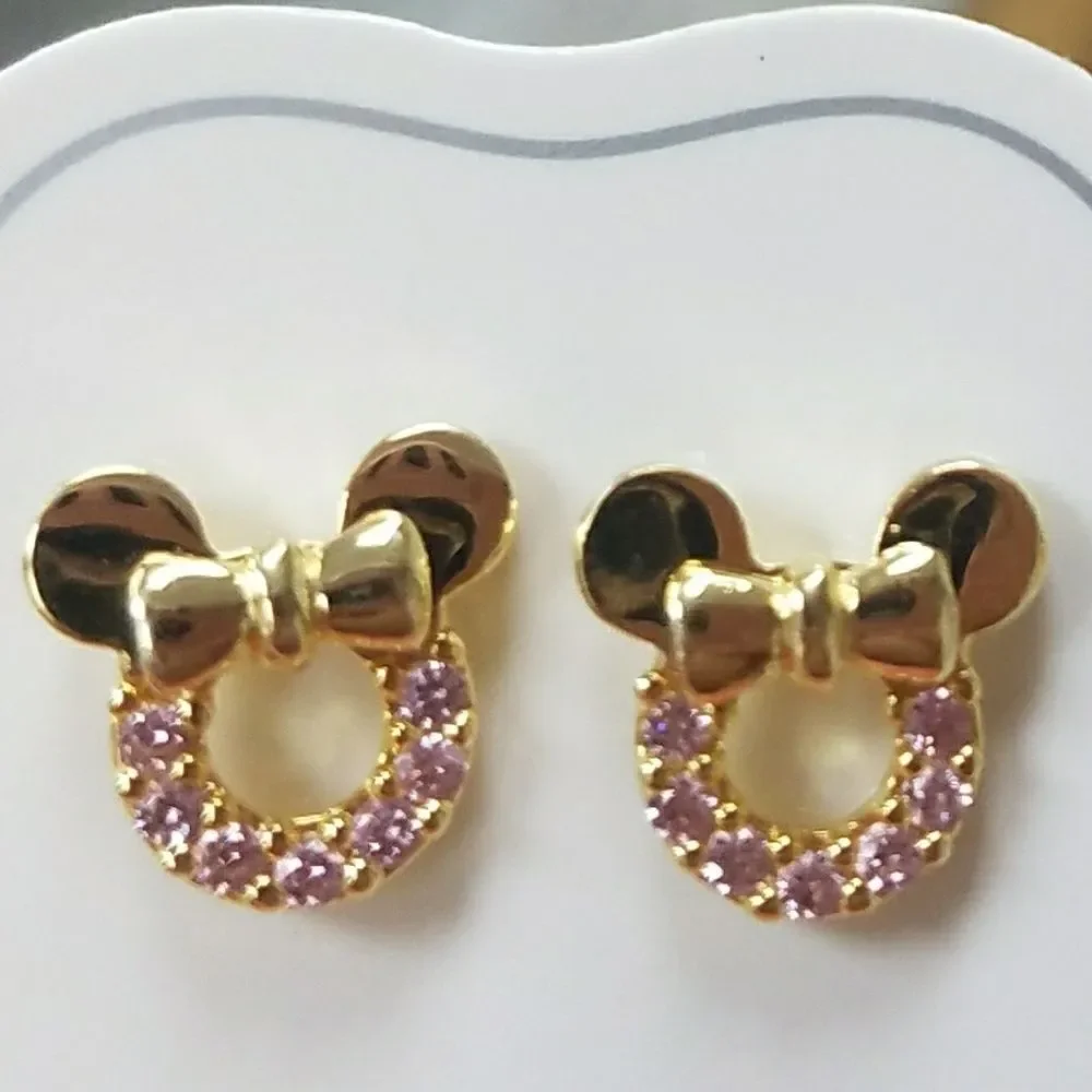 New Kids Girls Earrings gold plated CZ Pink Mouse.
